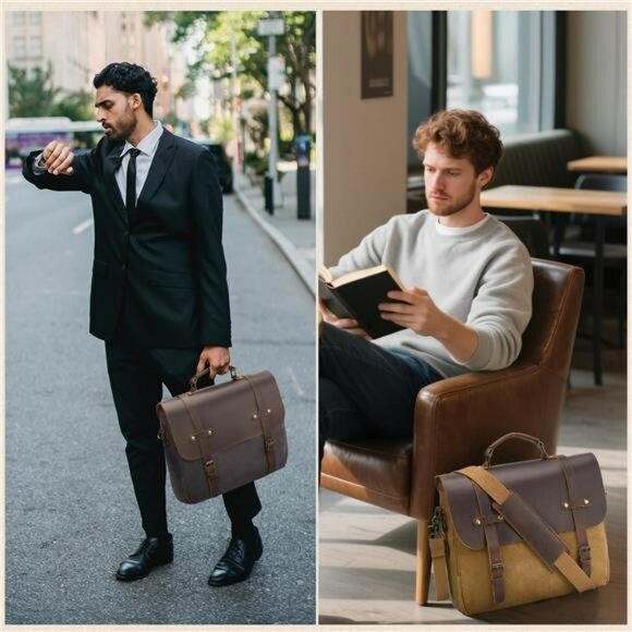 Mens Waxed Canvas Messenger Bag Leather Laptop Briefcase 15 Inch Work Satchel - Picture 3 of 7